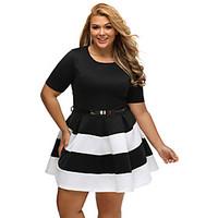 Women\'s Stripes Detail Belted Plus Size Skater Dress