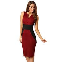 Women\'s Work Sheath Dress, Color Block Deep V Knee-length Sleeveless Red / White All Seasons