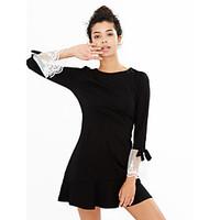 Women\'s Flare Sleeve Going out Street chic A Line Dress, Solid Round Neck Above Knee Long Sleeve Red / Black Acrylic / Polyester Fall