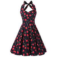 Women\'s Black Cherry Print Floral Dress , Vintage Halter 50s Rockabilly Swing Dress