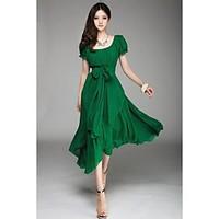 womens solid midi dress with belt u neck short sleeve