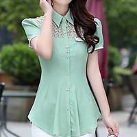 Women\'s Lace Pierced Puff Short Sleeve Waist Chiffon Shirt