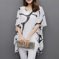 Women\'s Flare Sleeve Casual/Daily Plus Size Summer Blouse, Print Round Neck Short Sleeve White/Black Polyester Medium