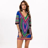 Women\'s Boho In Colour Deep V 1/2 Length Sleeve Mini Dress-6516