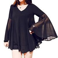 Women\'s Flare Sleeve Casual/Daily Plus Size Summer Blouse, Solid V Neck Long Sleeve Black Polyester Thin