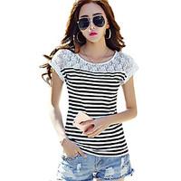 Women\'s Lace Going out Simple / Street chic T-shirt, Striped Round Neck Short Sleeve White / Black Cotton / Rayon Thin