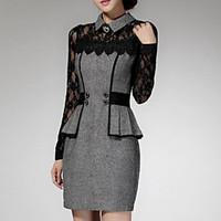 womens lace patchwork redgray lace hin thin slim temperament dress wor ...