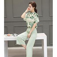 Women\'s Casual/Daily Street chic Summer Shirt Pant Suits, Floral Round Neck Short Sleeve Inelastic