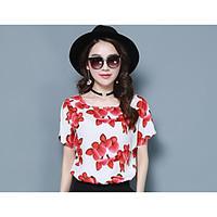 Women\'s Daily Casual Simple Summer Blouse, Floral Round Neck Short Sleeve Stretch Chiffon Ice Silk Thin