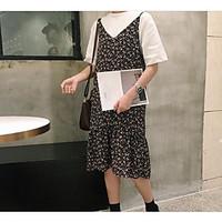 womens going out loose dress solid floral boat neck midi short sleeve  ...