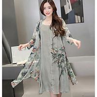 Women\'s Casual/Daily Simple Summer Blouse Dress Suits, Print Round Neck Long Sleeve Micro-elastic