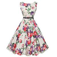 womens vintage a line skater dress floral round neck knee length sleev ...