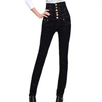 womens fashion high waist solid black jeans pants casualwork button