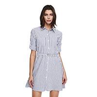 Women\'s Fine Stripe Going out Casual/Daily Cute Shift Dress, Striped Notch Lapel Above Knee ½ Length Sleeve Gray Cotton Polyester Fall Mid Rise