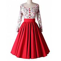 Women\'s Going out Vintage Punk Gothic Swing Dress, Floral Pleated Round Neck Knee-length Long Sleeve Cotton Rayon Red Black All Seasons