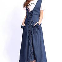 Women\'s Bow Going out Casual/Daily Vintage Street chic A Line Dress, Solid Ruffle Deep V Midi Sleeveless Blue All Seasons Mid Rise