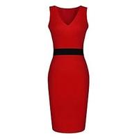 Women\'s V Neck Contrast Color Pencil Dress