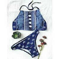 womens straped bikini floral polyester blue