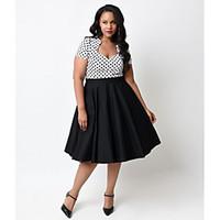 Women\'s Vintage Swing Dress, Polka Dot V Neck Knee-length Short Sleeve Red / Black Cotton Spring