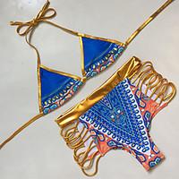 womens boho halter bikini color block floral geometric polyester blue  ...