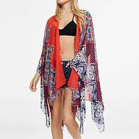 Women\'s Boho Sexy Beach Cover-Up Print Asymmetry Thin Coat Polyester/Chiffon