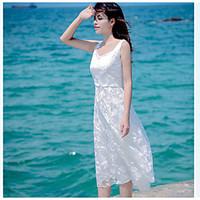 Women\'s Casual/Daily Lace Dress, Solid Sweetheart Knee-length Sleeveless Polyester Summer High Rise Inelastic Thin