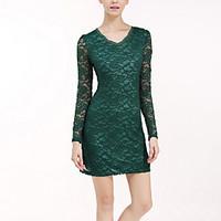 Women Plus Size Going out Casual/Daily Sexy Simple Hin Thin Slim Bodycon DressSolid Lace V Neck Above Knee Long Sleeve