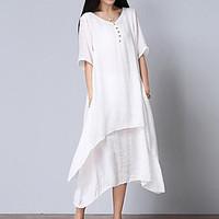 Women\'s Asymmetrical Casual/Daily Simple Loose Dress, Solid V Neck Midi Short Sleeve Cotton White Summer Mid Rise Inelastic