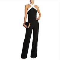 Women Summer Jumpsuit Sexy Halter Neck Sleeveless Off Shoulder Rompers Long Playsuits Black White Stitching Party Overalls