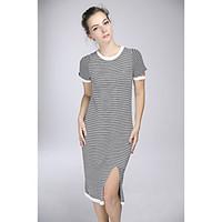 Women\'s Going out Casual/Daily Simple Cute Sheath Dress, Striped Round Neck Midi Short Sleeve Roman Knit Summer Mid Rise Micro-elastic