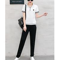 Women\'s Casual/Daily Sports Simple Active Summer T-shirt Pant Suits, Solid Stand Short Sleeve Micro-elastic
