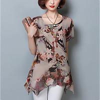 womens plus size slim ruffle summer blouse print round neck short slee ...