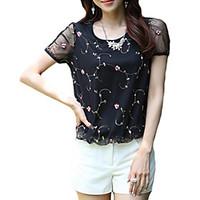 Women\'s Going out Simple / Street chic Blouse, Patchwork Round Neck Short Sleeve White / Black Rayon Thin