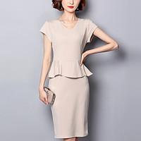 Women\'s Work Party Street chic Fashion Bodycon Shift Dress Solid Peplum Split V Neck Maxi Short Sleeve Polyester Beige Summer