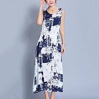 Women\'s Going out Casual/Daily Street chic Chinoiserie Loose Dress Print Round Neck Maxi Sleeveless Cotton /Linen Blue /Black Summer