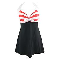 Women\'s Striped Plus Size Halter One-pieceLace Up Color Block Blue Red Black