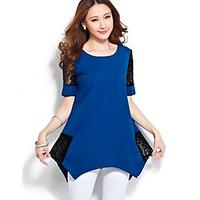 Women\'s Going out Plus Size / Vintage / Street chic All Seasons Blouse, Color Block Round Neck Short Sleeve Blue / Black / GreenCotton /