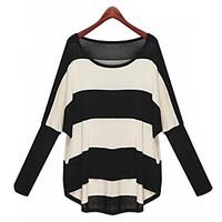 Women\'s Regular Pullover, Striped Black Round Neck Long Sleeve Cotton Others Fall Medium Micro-elastic