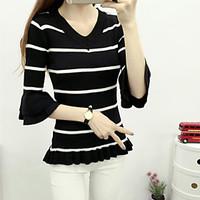 Women\'s Flare Sleeve Casual/Daily Formal Cute Street chic Spring Summer T-shirt, Striped Round Neck ½ Length Sleeve Spandex Medium