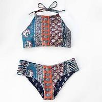 womens boho halter bikini color block floral geometric polyester