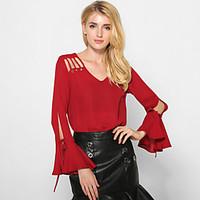 Women\'s Cut Out Going out Casual/Daily Street chic Spring /Fall Fashion Loose Blouse Solid Cut Out V Neck Flare Sleeve Red /White /Black Polyester