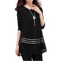 Women\'s Lace Solid White/Black Blouse, Plus Sizes Round Neck Long Sleeve Lace Crochet