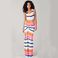 Women\'s Beach Sexy / Simple Bodycon Dress, Striped Round Neck Maxi Sleeveless Multi-color Polyester / Spandex Summer