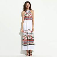 Women\'s Boho Beach Boho Sheath Dress, Print Halter Maxi Sleeveless White Polyester Summer