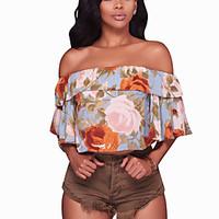 Women\'s Going out Club Holiday Sexy Vintage Boho Layered Backless Bare Midriff Spring Summer T-shirtFloral Boat Neck Short Sleeve Medium