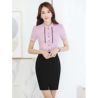 Women\'s Work Simple Spring Blazer Skirt Suits, Solid Shirt Collar Short Sleeve