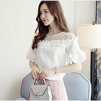 womens daily date cute blouse solid round neck short sleeve tulle