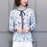 Women\'s Going out Street chic Spring Fall Blouse, Floral Crew Neck ¾ Sleeve Blue Polyester