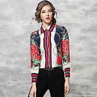 Women\'s Casual/Daily Work Chinoiserie Spring Summer Shirt, Embroidered Stand ¾ Sleeve White Cotton Medium