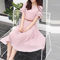 Women\'s Going out Casual/Daily Swing Dress, Solid Round Neck Midi Short Sleeve Linen Spring Summer Mid Rise Inelastic Medium